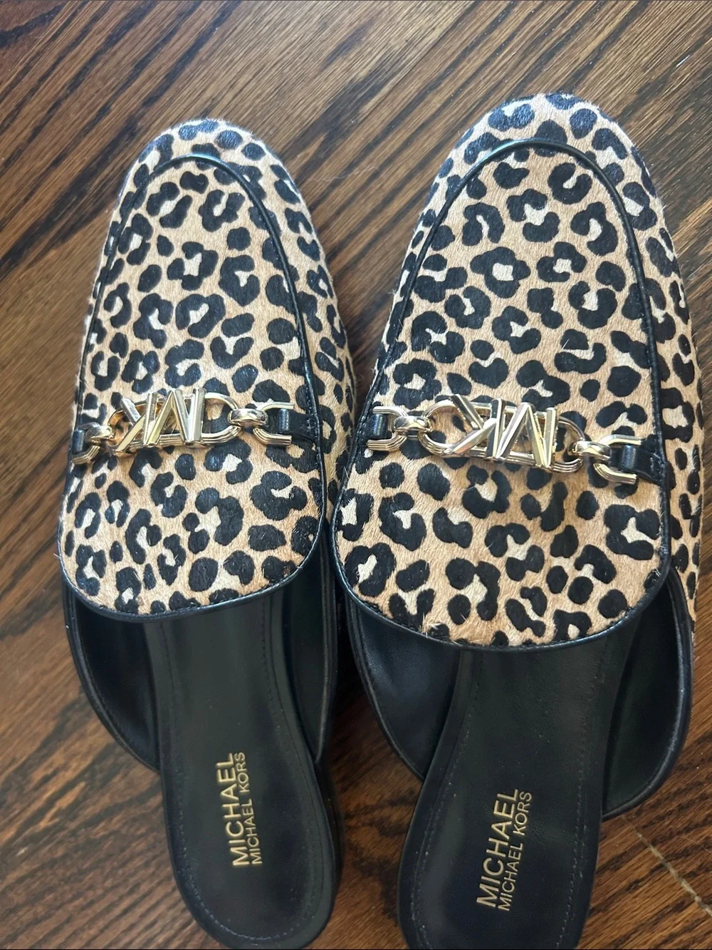 Michael Kors Leopard-Print Mule with Gold Chain Accent - Tan/Black